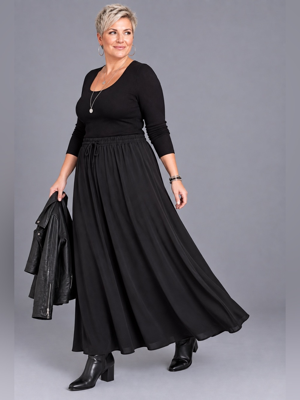 Black Flowy Maxi Skirt XL Elastic Drawstring Waist